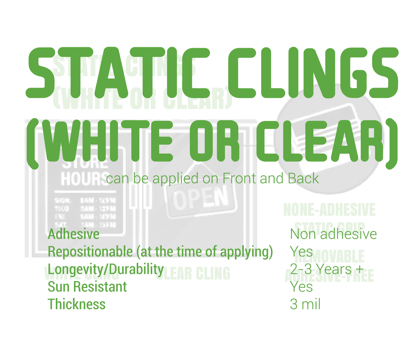 Static Clings (white or clear) Summary