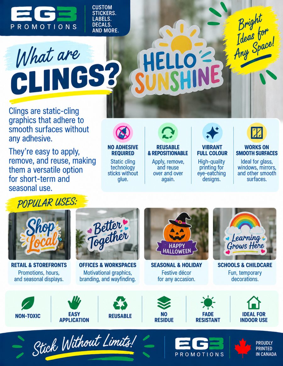 Colourful Clings Promotional Infographic — Additional Resources PDF download preview from Evergreen Graphics Group