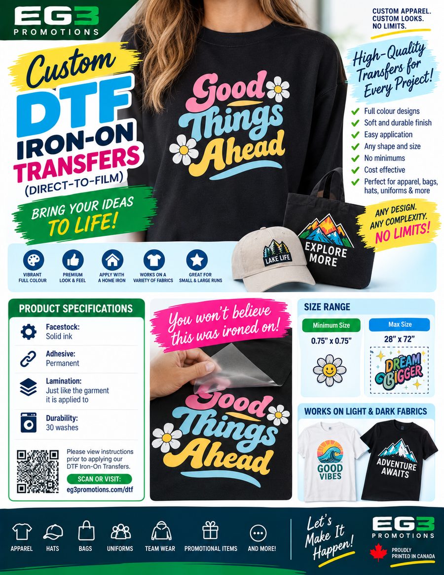 Colourful DTF Transfer Promotional Flyer — Additional Resources PDF download preview from Evergreen Graphics Group