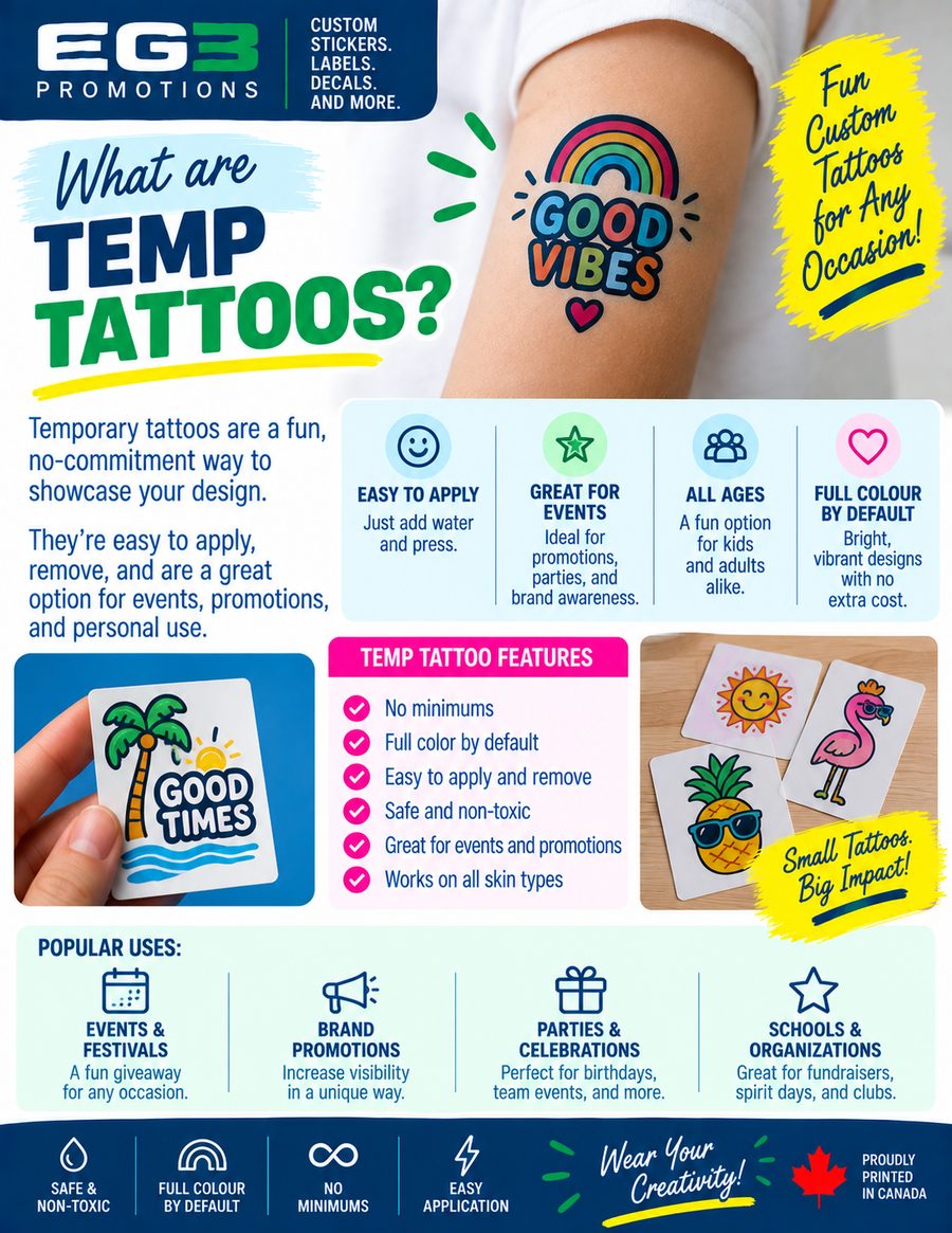 Temporary Tattoos (Fun, Custom, Colourful) — Additional Resources PDF download preview from Evergreen Graphics Group