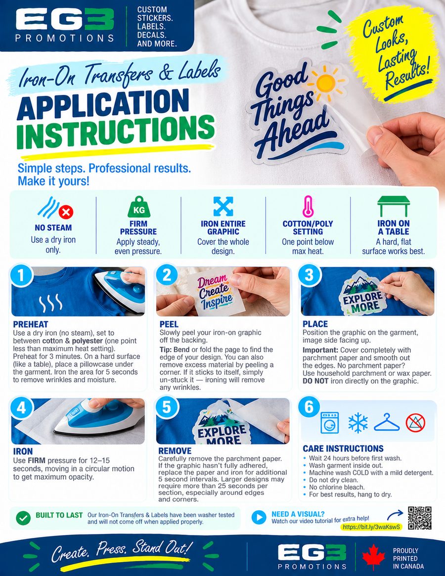 Iron-On Transfer Application Guide — Application Instructions PDF download preview from Evergreen Graphics Group
