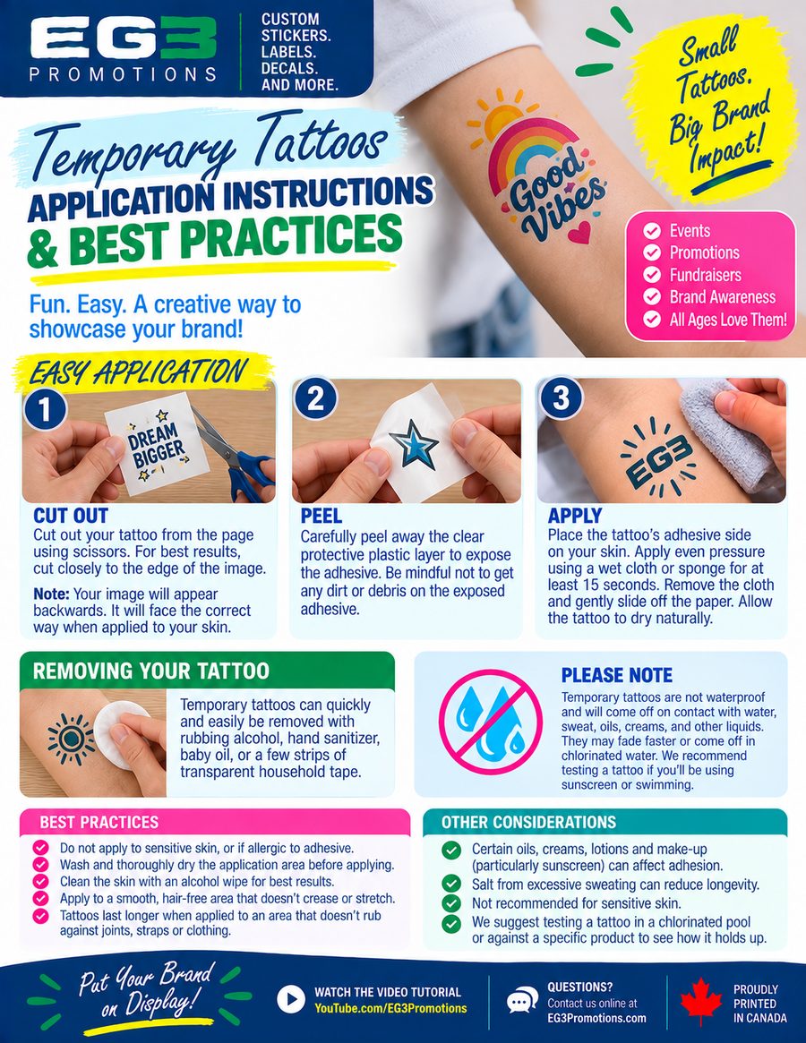 Temporary Tattoo Application Guide — Application Instructions PDF download preview from Evergreen Graphics Group