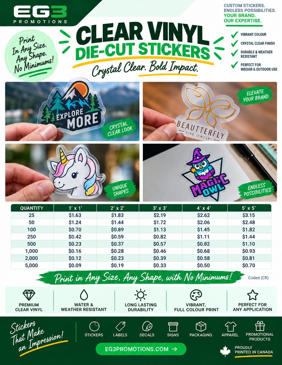 Clear Vinyl Stickers Promotional Flyer(CDN) — Sales Collateral PDF download preview from Evergreen Graphics Group