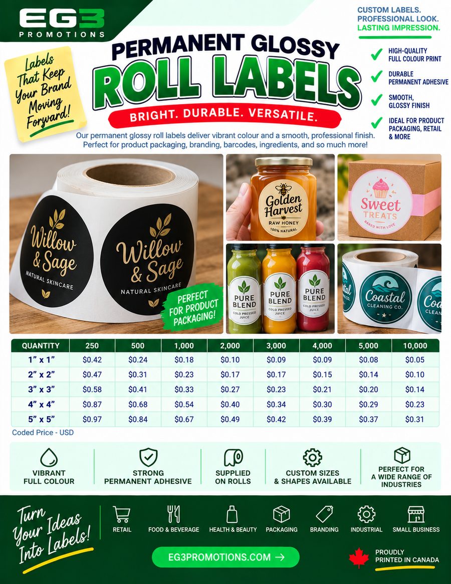 Glossy Roll Labels for Every Brand(USD) — Sales Collateral PDF download preview from Evergreen Graphics Group