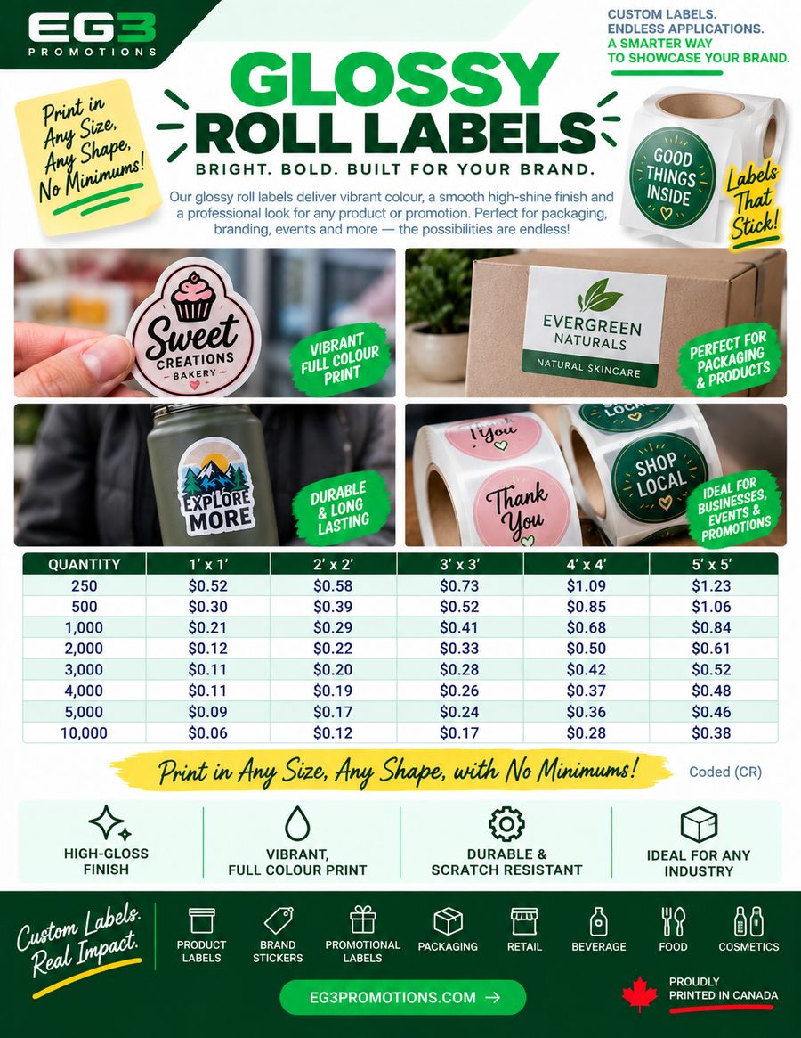 Glossy Roll Labels Promotional Flyer(CDN) — Sales Collateral PDF download preview from Evergreen Graphics Group