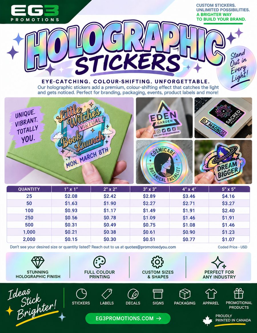 Holographic Sticker Promotions Flyer(USD) — Sales Collateral PDF download preview from Evergreen Graphics Group