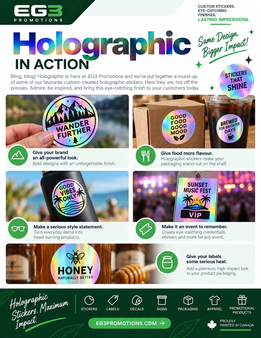 Holographic Stickers, Maximum Impact — Sales Collateral PDF download preview from Evergreen Graphics Group