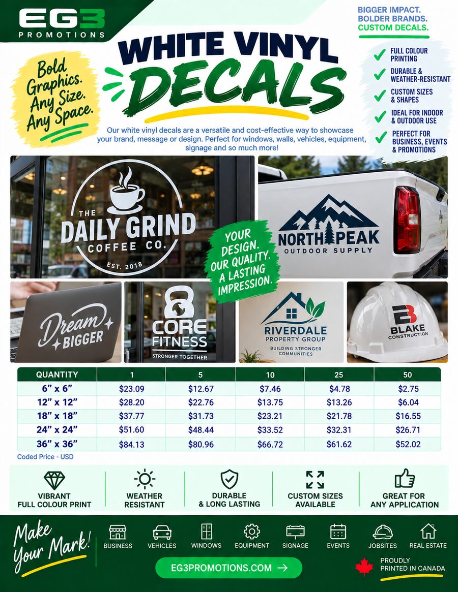 White Vinyl Decals Promotional Flyer(USD) — Sales Collateral PDF download preview from Evergreen Graphics Group